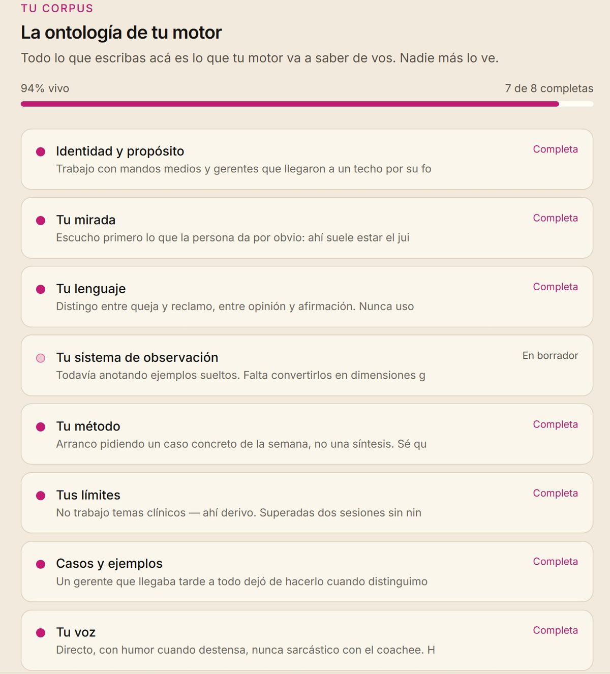 Pantalla del corpus con las ocho secciones y su estado