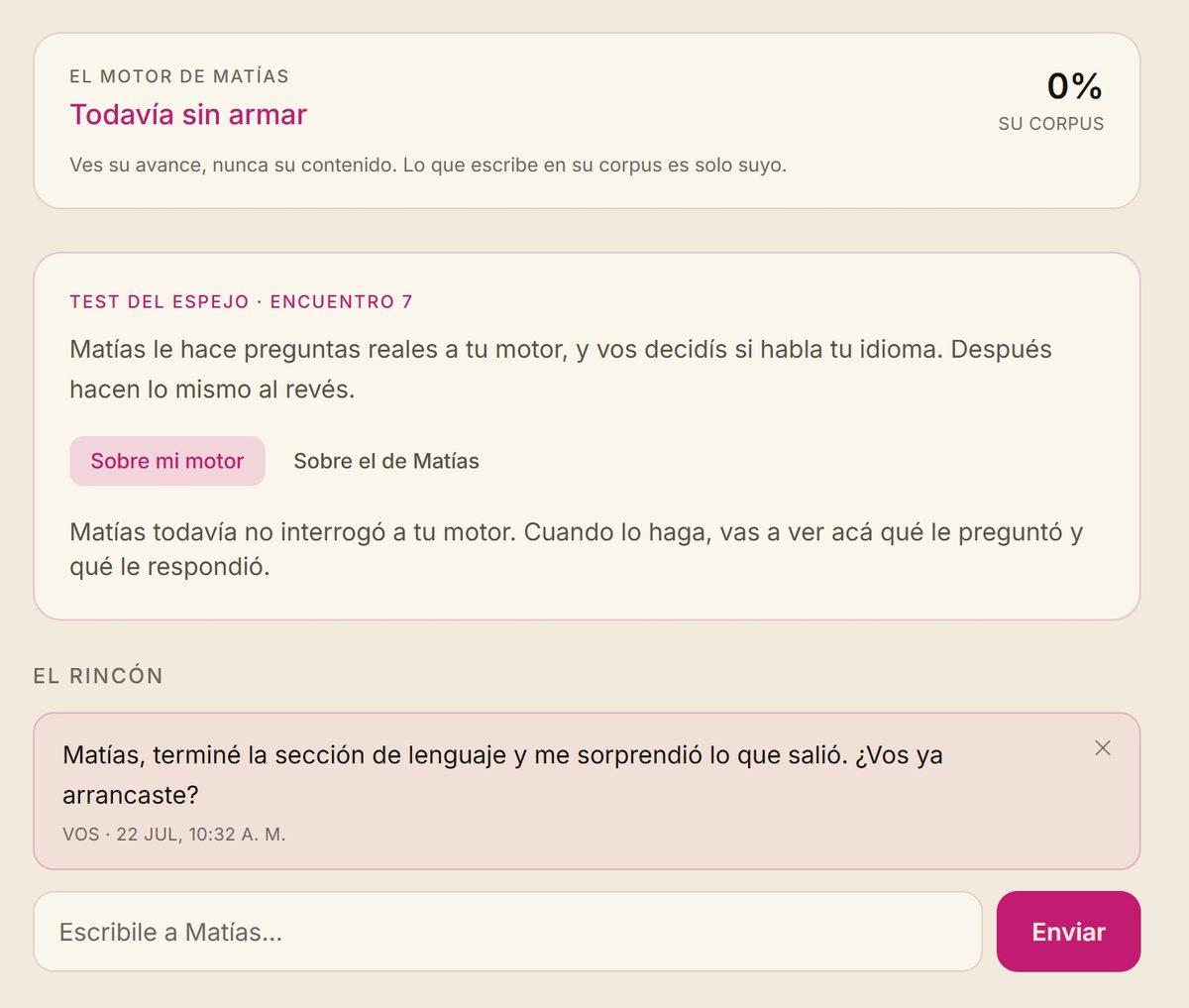 Pantalla de la dupla: el avance del compañero y el rincón para escribirle