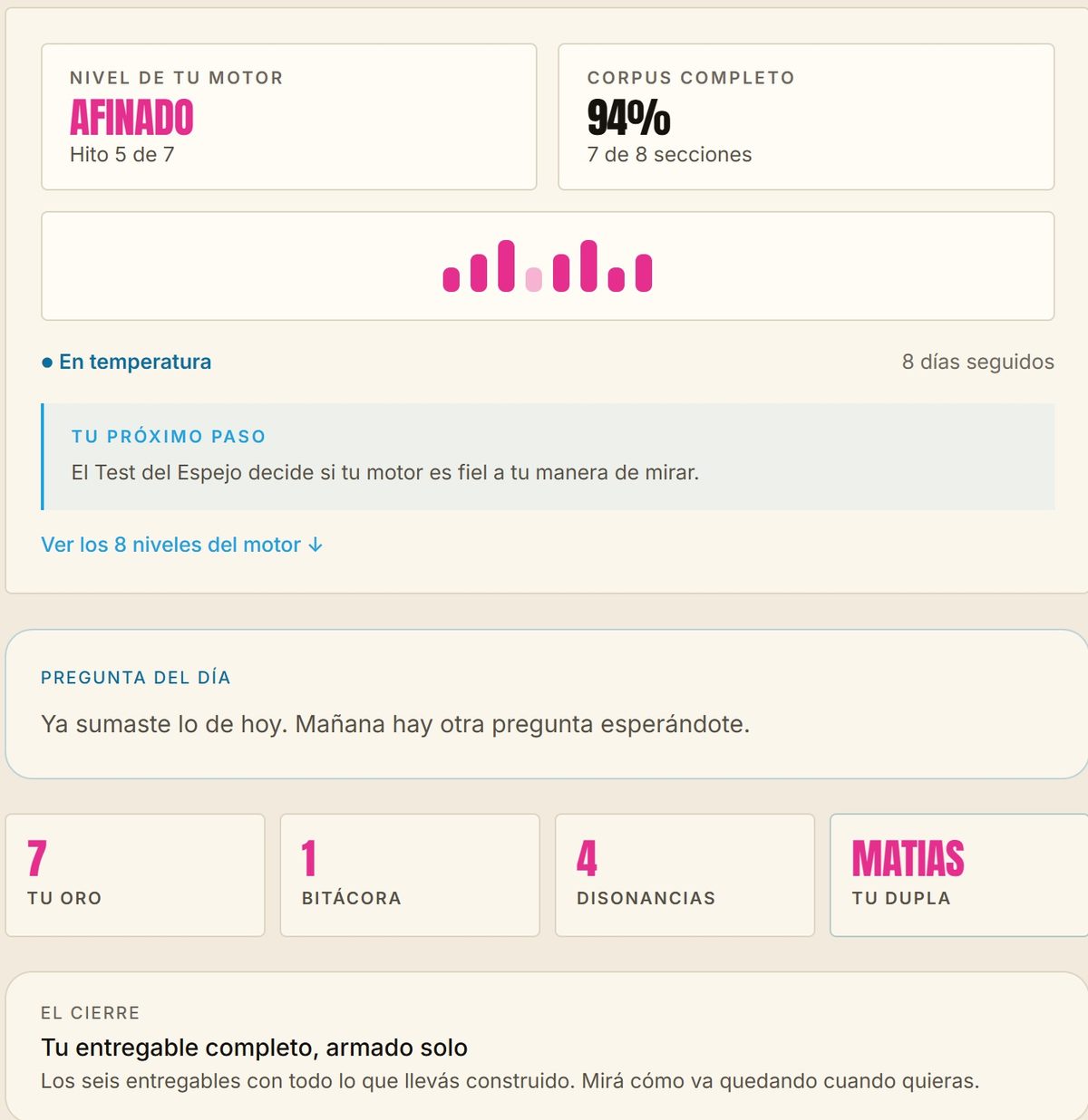 Pantalla del taller: nivel del motor, corpus completo y el próximo paso sugerido